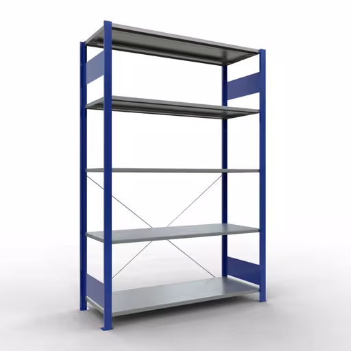Produktbild Nr.14 des Artikels Grundregal, Fachbodenregal Stecksystem MULTIplus150, 2000 x 1300 x 500 mm (HxBxT), 5 Fachböden, Kreuzstrebe, RAL 5010 enzianblau/verzinkt aus der Produktreihe Stecksystem von der Marke Schulte Lagertechnik