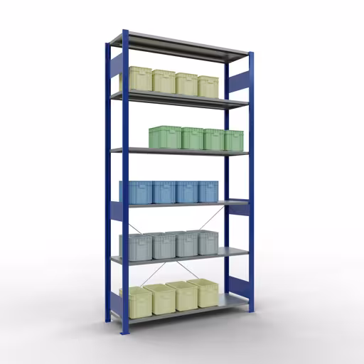 Produktbild Nr.6 des Artikels Grundregal, Fachbodenregal Stecksystem MULTIplus150, 2500 x 1300 x 400 mm (HxBxT), 6 Fachböden, Kreuzstrebe, RAL 5010 enzianblau/verzinkt aus der Produktreihe Stecksystem von der Marke Schulte Lagertechnik