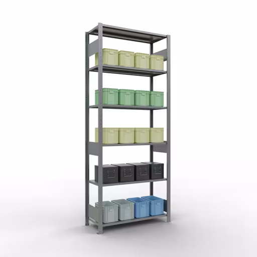 Grundregal, Fachbodenregal Stecksystem MULTIplus85, 2500 x 1000 x 400 mm (HxBxT), 6 Fachböden, Längenriegel, verzinkt aus der Kategorie Grundregal mit der GTIN 4004514284730 Grundregal, Fachbodenregal Stecksystem MULTIplus85, 2500 x 1000 x 400 mm (HxBxT), 6 Fachböden, Längenriegel, verzinkt von der Marke Schulte Lagertechnik aus der Produktreihe Stecksystem