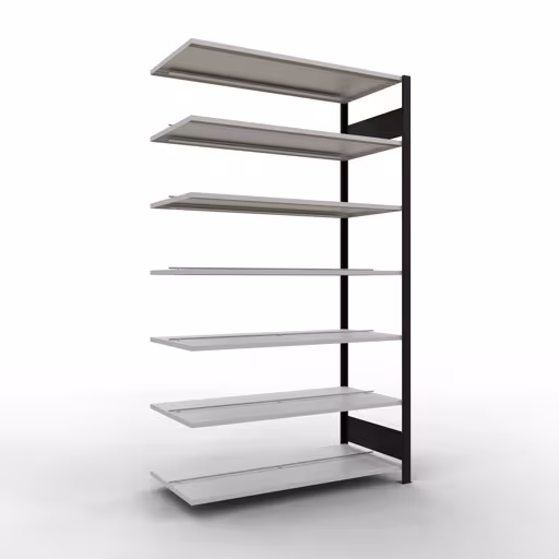 Anbauregal, Büro-Fachbodenregal Stecksystem MULTIplus150, 2300 x 1300 x 600 mm (HxBxT), 7 Fachböden, Längenriegel, mit Mittelanschlag, schwarz/lichtgrau aus der Kategorie Stecksystem mit der Artikelnummer 36053-S