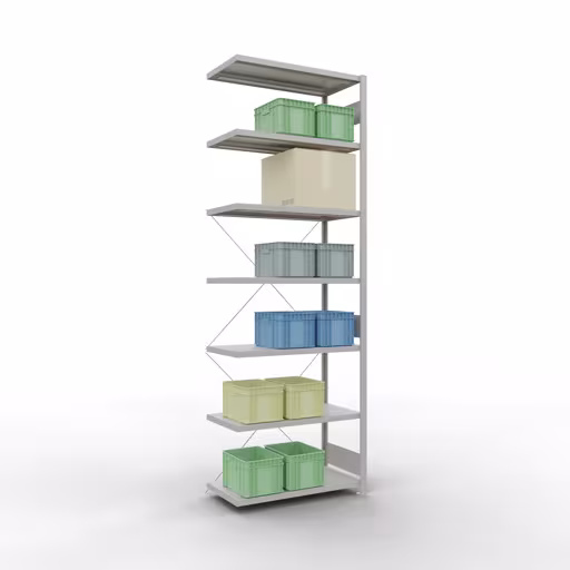 Zusatzbild des Artikels Anbauregal, Fachbodenregal Stecksystem MULTIplus250, 3000 x 1000 x 500 mm (HxBxT), 7 Fachböden, Kreuzstrebe, RAL 7035 lichtgrau Zusatzbild des Artikels Anbauregal, Fachbodenregal Stecksystem MULTIplus250, 3000 x 1000 x 500 mm (HxBxT), 7 Fachböden, Kreuzstrebe, RAL 7035 lichtgrau aus Anbauregal