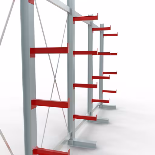 Produktbild Nr 12 des Artikels K 3000 Komplettregal, einseitig, 2500 x 5200 x 400 mm, RAL 7001 / RAL 3000, 5 Lagerebenen Abbildung Nr 12 des Artikels K 3000 Komplettregal, einseitig, 2500 x 5200 x 400 mm, RAL 7001 / RAL 3000, 5 Lagerebenen aus der Produktgruppe Kragarmregale von der Marke Schulte Lagertechnik