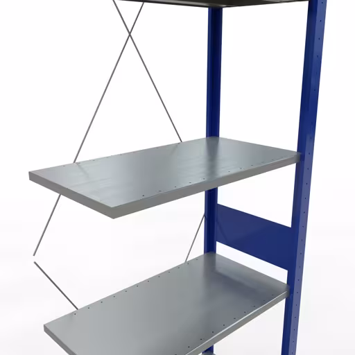 Andere Ansicht des Artikels Anbauregal, Fachbodenregal Stecksystem MULTIplus150, 3000 x 750 x 400 mm (HxBxT), 7 Fachböden, Kreuzstrebe, RAL 5010 enzianblau/verzinkt/verzinkt aus der Kategorie Stecksystem
