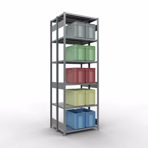 Grundregal, Doppelregal, Fachbodenregal Stecksystem MULTIplus250, 3000 x 1000 x (2x400) mm (HxBxT), 2x7 Fachböden, Längenriegel, verzinkt mit der GTIN 4058255035595 Grundregal, Doppelregal, Fachbodenregal Stecksystem MULTIplus250, 3000 x 1000 x (2x400) mm (HxBxT), 2x7 Fachböden, Längenriegel, verzinkt von Schulte Lagertechnik mit der Artikelnr. 17942