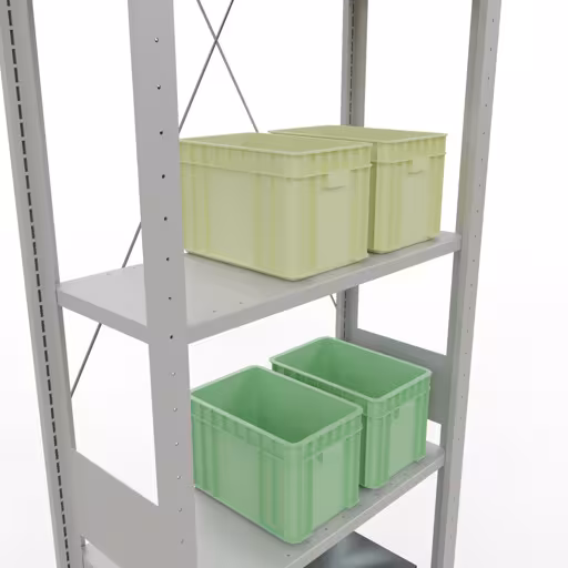 Grundregal, Fachbodenregal Stecksystem MULTIplus150, 3000 x 750 x 300 mm (HxBxT), 7 Fachböden, Kreuzstrebe, RAL 7035 lichtgrau mit der Artikelnr. 32632-75 Grundregal, Fachbodenregal Stecksystem MULTIplus150, 3000 x 750 x 300 mm (HxBxT), 7 Fachböden, Kreuzstrebe, RAL 7035 lichtgrau von Schulte Lagertechnik aus der Kategorie Stecksystem