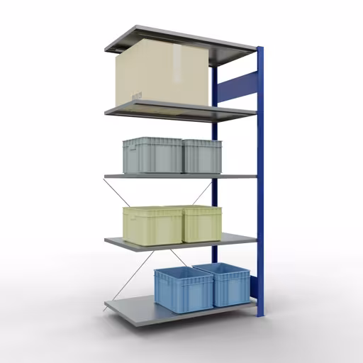 Produktbild Nr 16 des Artikels Anbauregal, Fachbodenregal Stecksystem MULTIplus85, 2000 x 1000 x 600 mm (HxBxT), 5 Fachböden, Kreuzstrebe, RAL 5010 enzianblau Abbildung Nr 16 des Artikels Anbauregal, Fachbodenregal Stecksystem MULTIplus85, 2000 x 1000 x 600 mm (HxBxT), 5 Fachböden, Kreuzstrebe, RAL 5010 enzianblau aus der Produktgruppe Stecksystem von der Marke Schulte Lagertechnik