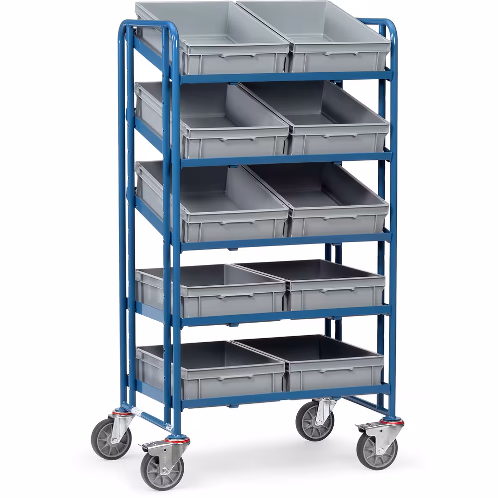 Eurokastenwagen 1372 - mit 10 Kästen- pulverbeschichtet blau RAL 5007, Schraubkonstruktion, variabel einschraubbare Etagen von der Marke Fetra Eurokastenwagen 1372 - mit 10 Kästen- pulverbeschichtet blau RAL 5007, Schraubkonstruktion, variabel einschraubbare Etagen aus der Kategorie Etagenwagen mit der Artikelnummer 1372