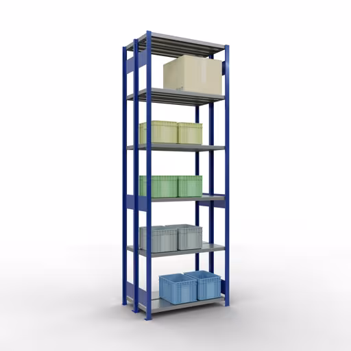 Grundregal, Doppelregal, Fachbodenregal Stecksystem MULTIplus250, 3000 x 1000 x (2x300) mm (HxBxT), 2x7 Fachböden, Längenriegel, RAL 5010 enzianblau von der Marke Schulte Lagertechnik aus der Produktreihe Fachbodenregale