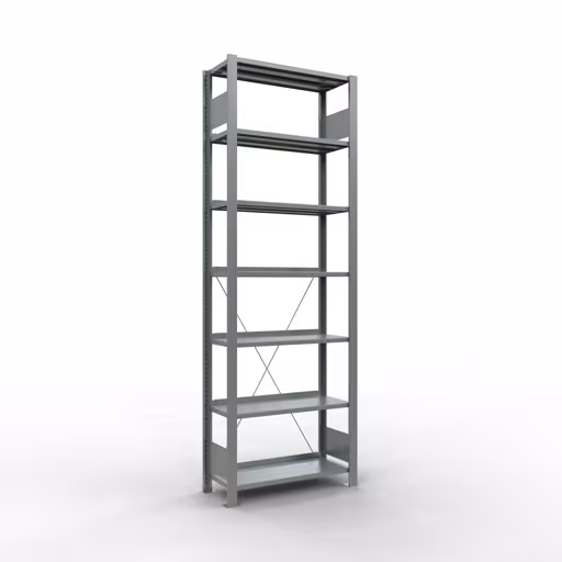 Grundregal, Büro-Fachbodenregal Stecksystem MULTIplus85, 2300 x 750 x 300 mm (HxBxT), 7 Fachböden, Kreuzstrebe, verzinkt, mit Anschlagleiste aus der Kategorie Stecksystem mit der Artikelnummer 17712