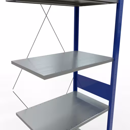 Zusatzbild des Artikels Anbauregal, Fachbodenregal Stecksystem MULTIplus150, 3000 x 750 x 500 mm (HxBxT), 7 Fachböden, Kreuzstrebe, RAL 5010 enzianblau/verzinkt/verzinkt aus Anbauregal