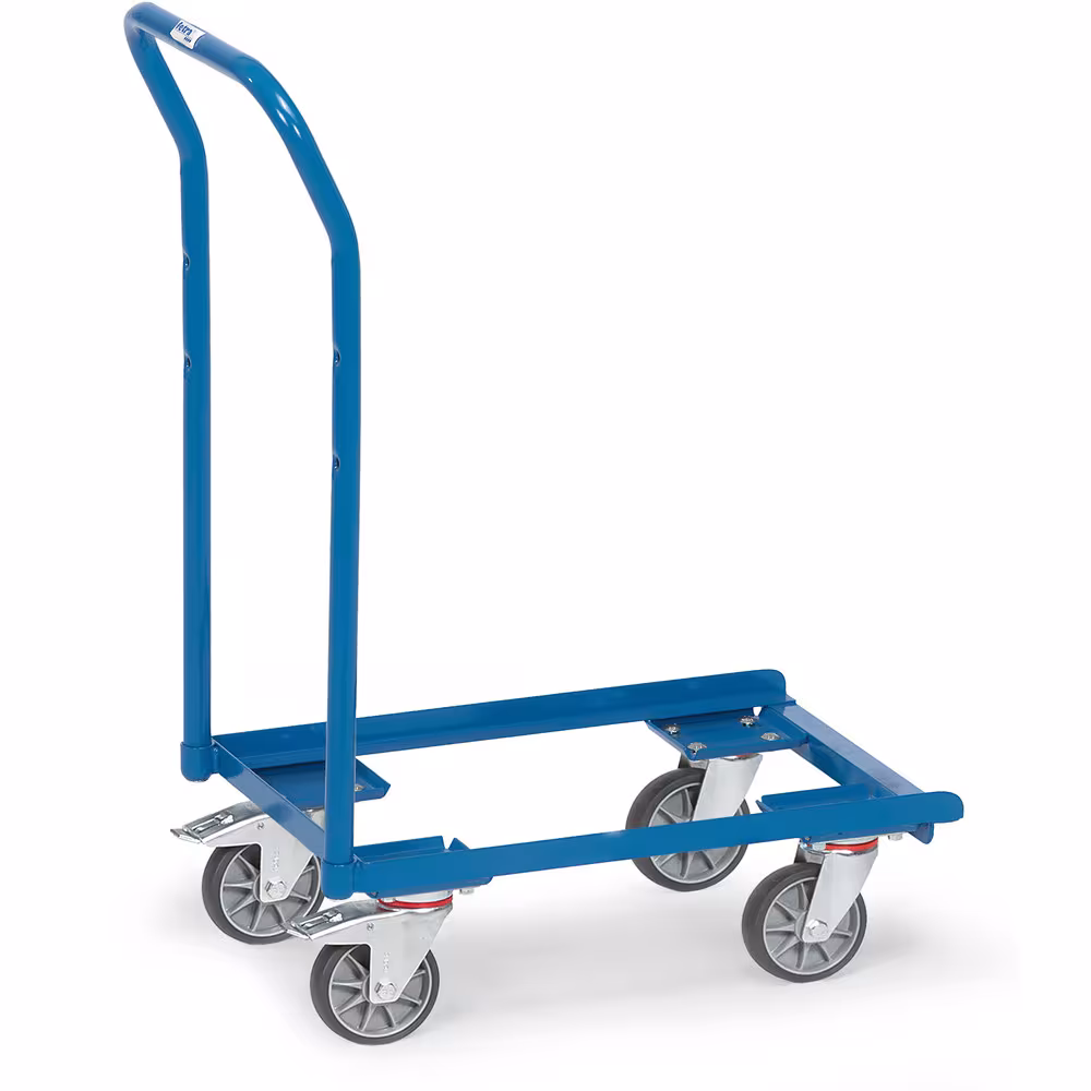 Eurokasten-Roller 13587 - offener Rahmen pulverbeschichtet blau RAL 5007, die Stirnseite des Rahmens gegenüber dem Schiebebügel ist offen von der Marke Fetra aus der Produktreihe Transportsysteme