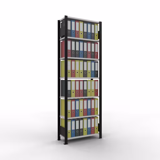 Produktbild Nr 13 des Artikels Grundregal, Büro-Fachbodenregal Stecksystem MULTIplus85, 2300 x 750 x 300 mm (HxBxT), 7 Fachböden, Kreuzstrebe, ohne Anschlagleiste, schwarz/lichtgrau Abbildung Nr 13 des Artikels Grundregal, Büro-Fachbodenregal Stecksystem MULTIplus85, 2300 x 750 x 300 mm (HxBxT), 7 Fachböden, Kreuzstrebe, ohne Anschlagleiste, schwarz/lichtgrau aus der Produktgruppe Büroregale von der Marke Schulte Lagertechnik