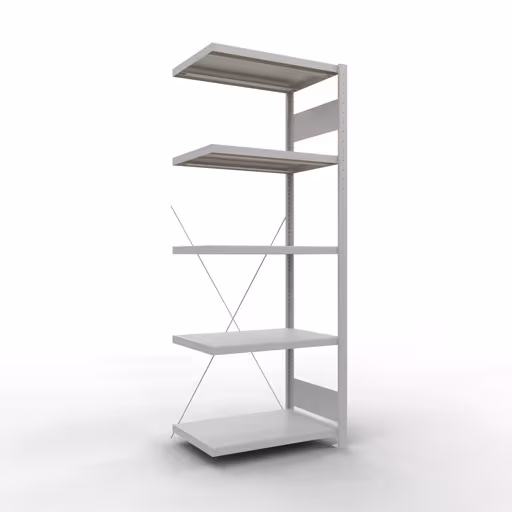 Abbildung Nr 7 des Artikels Anbauregal, Fachbodenregal Stecksystem MULTIplus250, 2000 x 750 x 500 mm (HxBxT), 5 Fachböden, Kreuzstrebe, RAL 7035 lichtgrau aus der Produktgruppe Stecksystem von der Marke Schulte Lagertechnik