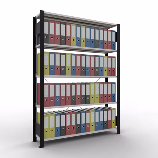 Abbildung Nr 12 des Artikels Grundregal, Büro-Fachbodenregal Stecksystem MULTIplus85, 1800 x 1300 x 300 mm (HxBxT), 5 Fachböden, Kreuzstrebe, mit Anschlagleiste, schwarz/lichtgrau aus der Produktgruppe Büroregale von der Marke Schulte Lagertechnik