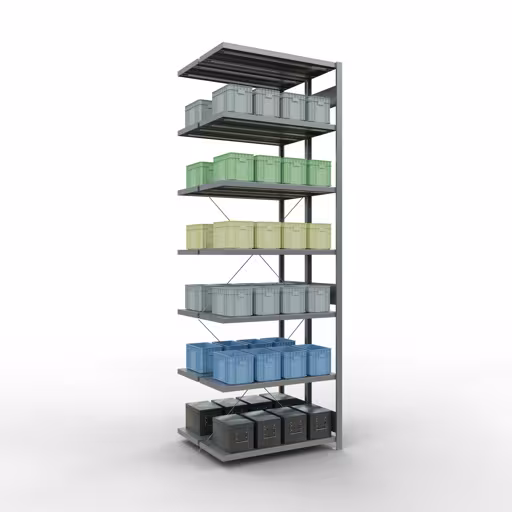 Andere Ansicht des Artikels Anbauregal, Doppelregal, Fachbodenregal Stecksystem MULTIplus250, 3000 x 1000 x (2x400) mm (HxBxT), 2x7 Fachböden, Kreuzstrebe, verzinkt aus der Kategorie Doppelregale