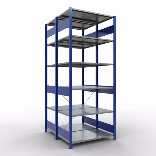 Grundregal, Doppelregal, Fachbodenregal Stecksystem MULTIplus150, 2500 x 1000 x (2x600) mm (HxBxT), 2x6 Fachböden, Kreuzstrebe, RAL 5010 enzianblau von der Marke Schulte Lagertechnik Grundregal, Doppelregal, Fachbodenregal Stecksystem MULTIplus150, 2500 x 1000 x (2x600) mm (HxBxT), 2x6 Fachböden, Kreuzstrebe, RAL 5010 enzianblau aus der Kategorie Doppelregale mit der Artikelnummer 32761-B