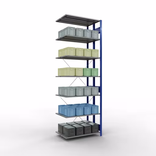 Anbauregal, Doppelregal, Fachbodenregal Stecksystem MULTIplus150, 3000 x 1000 x (2x600) mm (HxBxT), 2x7 Fachböden, Kreuzstrebe, RAL 5010 enzianblau von der Marke Schulte Lagertechnik aus der Produktreihe Fachbodenregale
