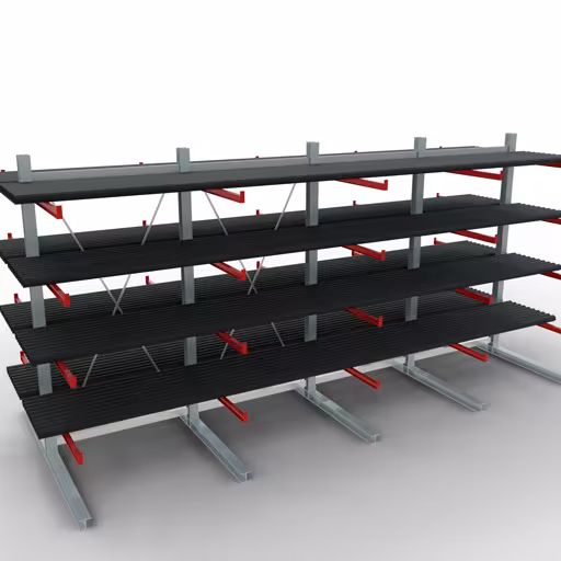 Abbildung Nr 8 des Artikels K 6000 Komplettregal, doppelseitig, 3000 x 6000 x 2x 1250 mm, RAL 7001 / RAL 3000, 5 Lagerebenen aus der Produktgruppe Kragarmregale von der Marke Schulte Lagertechnik