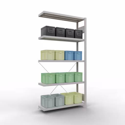 Abbildung Nr 11 des Artikels Anbauregal, Fachbodenregal Stecksystem MULTIplus330, 2000 x 1000 x 300 mm (HxBxT), 5 Fachböden, Kreuzstrebe, RAL 7035 lichtgrau aus der Produktgruppe Stecksystem von der Marke Schulte Lagertechnik