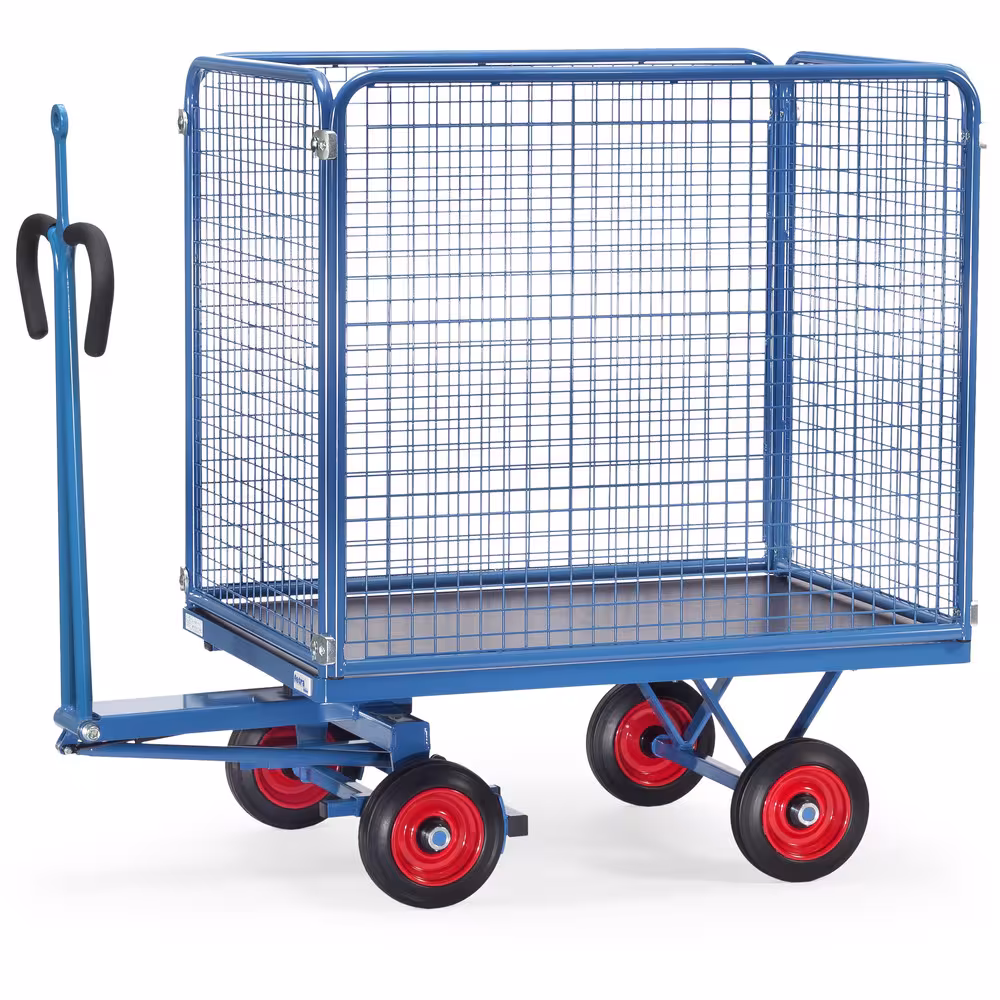 Handpritschenwagen 6443VZ mit Zugöse Bereifung Vollgummi, Breite 800 mm, Länge 1200 mm von der Marke Fetra Handpritschenwagen Drahtgitter 1000 mm mit Zugöse Baukasten-System Aus Profilstahl geschweißt, pulverbeschichtet RAL 5007, 4 Eckhülsen Typ Bereifung: Vollgummi aus der Kategorie Handwagen/Pritschenwagen mit der Artikelnr. 6443VZ