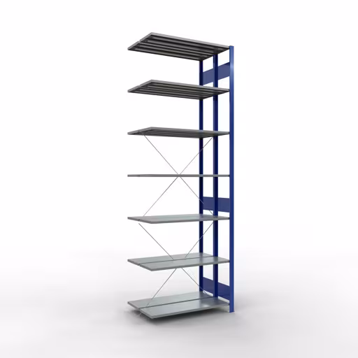 Anbauregal, Doppelregal, Fachbodenregal Stecksystem MULTIplus150, 3000 x 1000 x (2x600) mm (HxBxT), 2x7 Fachböden, Kreuzstrebe, RAL 5010 enzianblau aus der Kategorie Doppelregale mit der Artikelnummer 32737-B