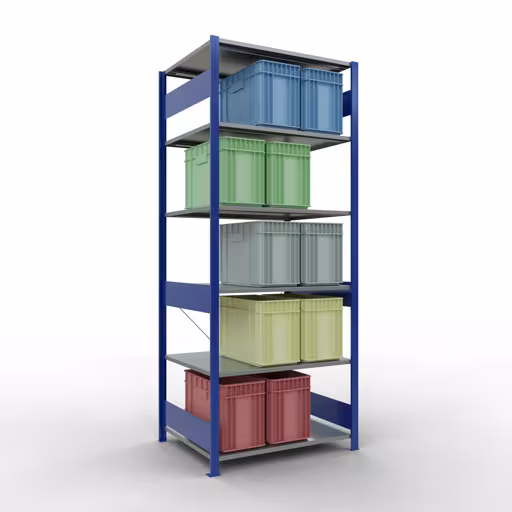 Grundregal, Fachbodenregal Stecksystem MULTIplus150, 2500 x 1000 x 800 mm (HxBxT), 6 Fachböden, Kreuzstrebe, RAL 5010/verzinkt mit der GTIN 4004514279262 Grundregal, Fachbodenregal Stecksystem MULTIplus150, 2500 x 1000 x 800 mm (HxBxT), 6 Fachböden, Kreuzstrebe, RAL 5010/verzinkt von Schulte Lagertechnik mit der Artikelnr. 12581-B