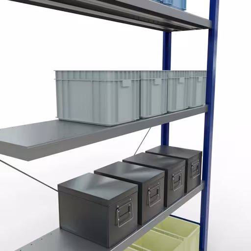 Produktbild Nr 15 des Artikels Anbauregal, Fachbodenregal Stecksystem MULTIplus250, 2000 x 1300 x 300 mm (HxBxT), 5 Fachböden, Kreuzstrebe, RAL 5010 enzianblau/verzinkt Abbildung Nr 15 des Artikels Anbauregal, Fachbodenregal Stecksystem MULTIplus250, 2000 x 1300 x 300 mm (HxBxT), 5 Fachböden, Kreuzstrebe, RAL 5010 enzianblau/verzinkt aus der Produktgruppe Stecksystem von der Marke Schulte Lagertechnik