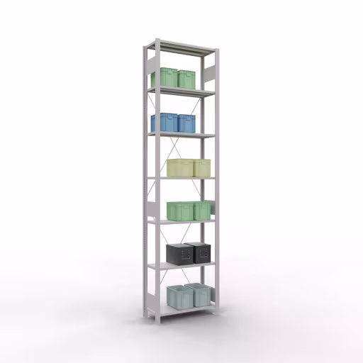 Zusatzbild des Artikels Grundregal, Fachbodenregal Stecksystem MULTIplus150, 3000 x 750 x 300 mm (HxBxT), 7 Fachböden, Kreuzstrebe, RAL 7035 lichtgrau aus Grundregal
