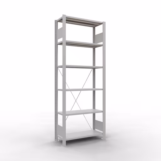 Grundregal, Büro-Fachbodenregal Stecksystem MULTIplus85, 2000 x 750 x 300 mm (HxBxT), 6 Fachböden, Kreuzstrebe, ohne Anschlagleiste, lichtgrau von der Marke Schulte Lagertechnik Grundregal, Büro-Fachbodenregal Stecksystem MULTIplus85, 2000 x 750 x 300 mm (HxBxT), 6 Fachböden, Kreuzstrebe, ohne Anschlagleiste, lichtgrau aus der Kategorie Stecksystem mit der Artikelnummer 36024