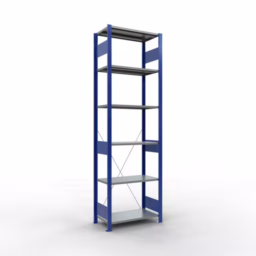Grundregal, Fachbodenregal Stecksystem MULTIplus150, 2500 x 750 x 400 mm (HxBxT), 6 Fachböden, Kreuzstrebe, RAL 5010 enzianblau/verzinkt/verzinkt von der Marke Schulte Lagertechnik Grundregal, Fachbodenregal Stecksystem MULTIplus150, 2500 x 750 x 400 mm (HxBxT), 6 Fachböden, Kreuzstrebe, RAL 5010 enzianblau/verzinkt/verzinkt aus der Kategorie Grundregal mit der Artikelnummer 12741-75-B