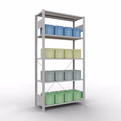 Produktbild Nr 13 des Artikels Grundregal, Fachbodenregal Stecksystem MULTIplus150, 2000 x 1000 x 400 mm (HxBxT), 5 Fachböden, Kreuzstrebe, RAL 7035 lichtgrau Abbildung Nr 13 des Artikels Grundregal, Fachbodenregal Stecksystem MULTIplus150, 2000 x 1000 x 400 mm (HxBxT), 5 Fachböden, Kreuzstrebe, RAL 7035 lichtgrau aus der Produktgruppe Stecksystem von der Marke Schulte Lagertechnik