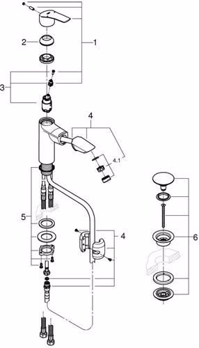Technische Zeichnung 4029461 GROHE Einhand-Waschtischbatterie Eurosmart 23976_3 M-Size ausziehbarer Auslauf Push-Open Ablaufgarnitur chrom