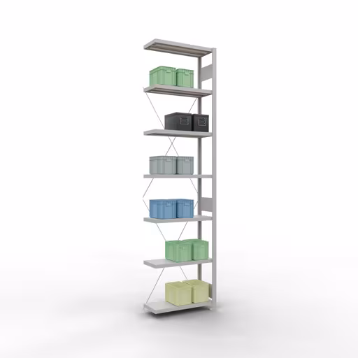 Abbildung Nr 13 des Artikels Anbauregal, Fachbodenregal Stecksystem MULTIplus250, 3000 x 750 x 300 mm (HxBxT), 7 Fachböden, Kreuzstrebe, RAL 7035 lichtgrau aus der Produktgruppe Stecksystem von der Marke Schulte Lagertechnik