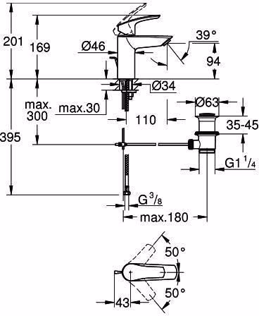 Technische Zeichnung 4070496 Miscelatore monocomando per lavabo Eurosmart 33265_3 S-Size con scarico a scomparsa cromo di GROHE