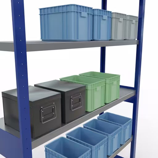 Produktbild Nr 13 des Artikels Grundregal, Fachbodenregal Stecksystem MULTIplus250, 2500 x 1300 x 400 mm (HxBxT), 6 Fachböden, Längenriegel, RAL 5010 enzianblau/verzinkt Abbildung Nr 13 des Artikels Grundregal, Fachbodenregal Stecksystem MULTIplus250, 2500 x 1300 x 400 mm (HxBxT), 6 Fachböden, Längenriegel, RAL 5010 enzianblau/verzinkt aus der Produktgruppe Stecksystem von der Marke Schulte Lagertechnik