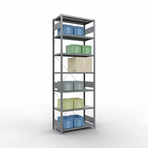 Produktbild Nr 12 des Artikels Grundregal, Fachbodenregal Stecksystem MULTIplus330, 3000 x 1000 x 500 mm (HxBxT), 7 Fachböden, Kreuzstrebe, verzinkt Abbildung Nr 12 des Artikels Grundregal, Fachbodenregal Stecksystem MULTIplus330, 3000 x 1000 x 500 mm (HxBxT), 7 Fachböden, Kreuzstrebe, verzinkt aus der Produktgruppe Stecksystem von der Marke Schulte Lagertechnik