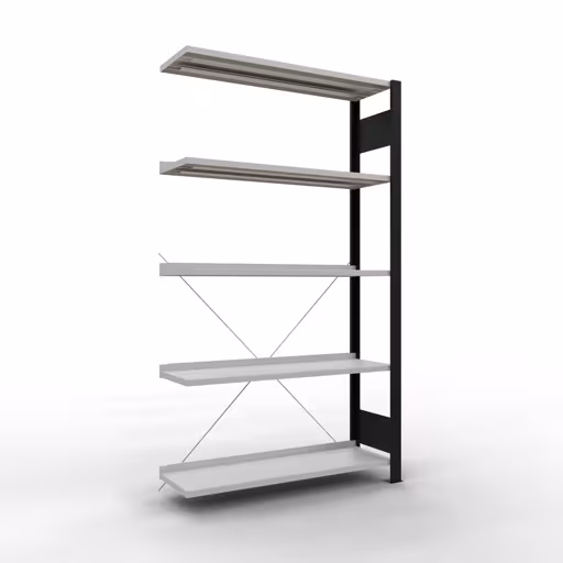 Anbauregal, Büro-Fachbodenregal Stecksystem MULTIplus85, 1800 x 1000 x 300 mm (HxBxT), 5 Fachböden, Kreuzstrebe, mit Anschlagleiste, schwarz/lichtgrau aus der Kategorie Stecksystem mit der Artikelnummer 36004-S