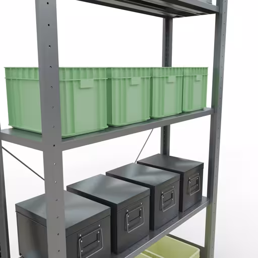 Produktbild Nr 12 des Artikels Grundregal, Fachbodenregal Stecksystem MULTIplus85, 2000 x 1000 x 300 mm (HxBxT), 5 Fachböden, Kreuzstrebe, verzinkt Abbildung Nr 12 des Artikels Grundregal, Fachbodenregal Stecksystem MULTIplus85, 2000 x 1000 x 300 mm (HxBxT), 5 Fachböden, Kreuzstrebe, verzinkt aus der Produktgruppe Stecksystem von der Marke Schulte Lagertechnik