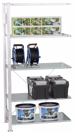 Produktbild Nr.12 des Artikels Anbauregal, Fachbodenregal Stecksystem MULTIplus150, 2000 x 1000 x 600 mm (HxBxT), 5 Fachböden, Kreuzstrebe, verzinkt - Expressline aus der Produktreihe Stecksystem von der Marke Schulte Lagertechnik