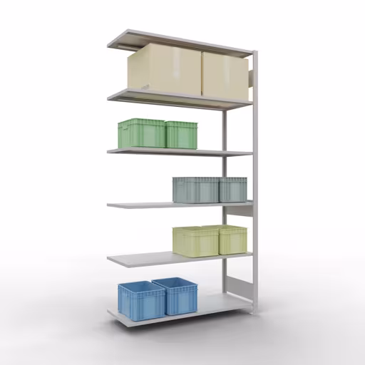 Anbauregal, Fachbodenregal Stecksystem MULTIplus150, 2500 x 1300 x 500 mm (HxBxT), 6 Fachböden, Längenriegel, RAL 7035 lichtgrau aus der Kategorie Anbauregal mit der GTIN 4004514293114 Anbauregal, Fachbodenregal Stecksystem MULTIplus150, 2500 x 1300 x 500 mm (HxBxT), 6 Fachböden, Längenriegel, RAL 7035 lichtgrau von der Marke Schulte Lagertechnik aus der Produktreihe Stecksystem