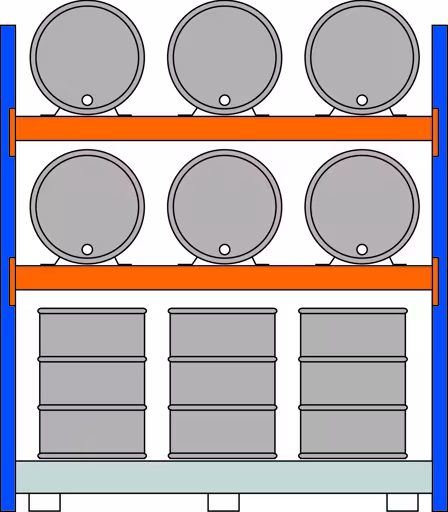 Grundregal, Fassregal, 2500 x 2225 x 800 mm, blau/verzinkt/RAL 2004, 2 Ebenen für je 3 Fässer 200 l liegend; 1 Bodenwanne 2205 x 1100 mm von der Marke Schulte Lagertechnik Grundregal, Fassregal, 2500 x 2225 x 800 mm, blau/verzinkt/RAL 2004, 2 Ebenen für je 3 Fässer 200 l liegend; 1 Bodenwanne 2205 x 1100 mm aus der Kategorie Fassregale mit der Artikelnummer 46974