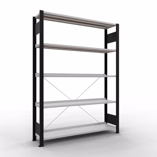Grundregal, Büro-Fachbodenregal Stecksystem MULTIplus85, 1800 x 1300 x 300 mm (HxBxT), 5 Fachböden, Kreuzstrebe, mit Anschlagleiste, schwarz/lichtgrau aus der Kategorie Stecksystem mit der Artikelnummer 36002-S