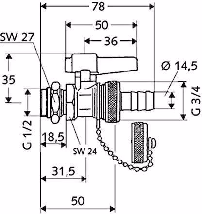 Technische Zeichnung 4028129 F+E-Kugelhahn mit Hebelgriff ASAG, Schlauchverschraubung, 16 bar Messing 1/2Zoll SCHELL