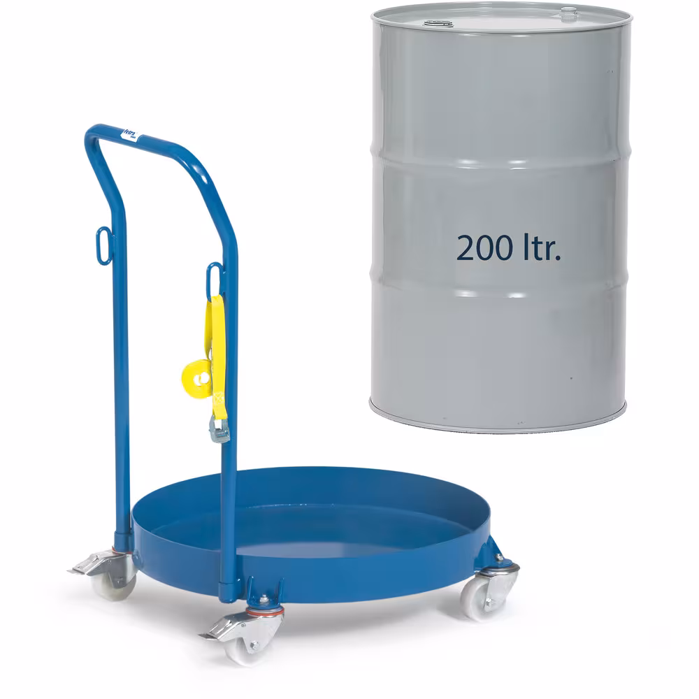 Fassroller 13610 mit Schiebebügel für stehenden Transport von 200-Liter Stahlblechfässern, verschweißte Stahlkonstruktion von der Marke Fetra aus der Produktreihe Transportsysteme