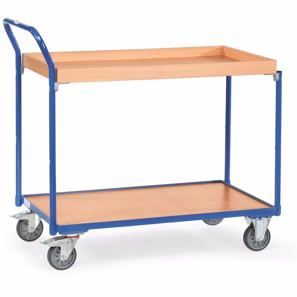 Tischwagen 300 kg 2 Etagen, pulverbeschichtet brillantblau RAL 5007, Schraubkonstruktion, 1 Boden mit 12 mm hohem Rand und 1 Kasten mit 45 mm hohem Rand aus der Kategorie Tischwagen