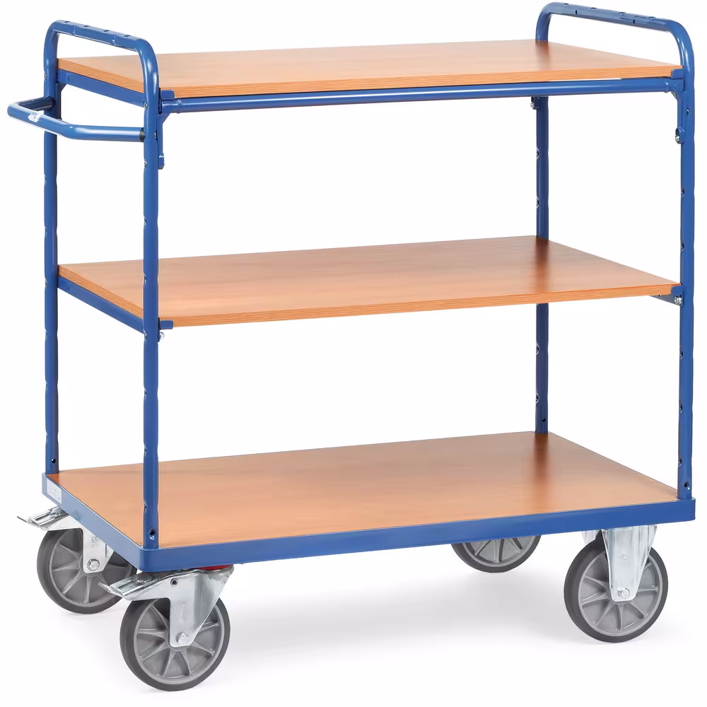 Etagenwagen 8100 Breite 500 mm, Länge 850 mm von der Marke Fetra Etagenwagen offen 3 Etagen aus Stahlrohr und Profilstahl geschweißt, pulverbeschichtet blau RAL 5007, Schraubkonstruktion, Stirnwände offen Typ Ladeflächenbreite: 500 mm aus der Kategorie Etagenwagen mit der Artikelnr. 8100