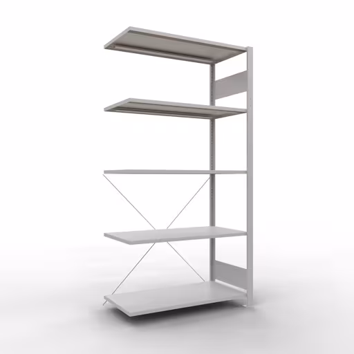 Abbildung Nr 16 des Artikels Anbauregal, Fachbodenregal Stecksystem MULTIplus85, 2000 x 1000 x 500 mm (HxBxT), 5 Fachböden, Kreuzstrebe, RAL 7035 lichtgrau aus der Produktgruppe Stecksystem von der Marke Schulte Lagertechnik