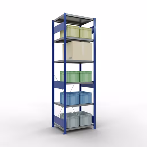 Produktbild Nr 14 des Artikels Grundregal, Fachbodenregal Stecksystem MULTIplus250, 2500 x 750 x 600 mm (HxBxT), 6 Fachböden, Kreuzstrebe, RAL 5010 enzianblau/verzinkt/verzinkt Abbildung Nr 14 des Artikels Grundregal, Fachbodenregal Stecksystem MULTIplus250, 2500 x 750 x 600 mm (HxBxT), 6 Fachböden, Kreuzstrebe, RAL 5010 enzianblau/verzinkt/verzinkt aus der Produktgruppe Stecksystem von der Marke Schulte Lagertechnik