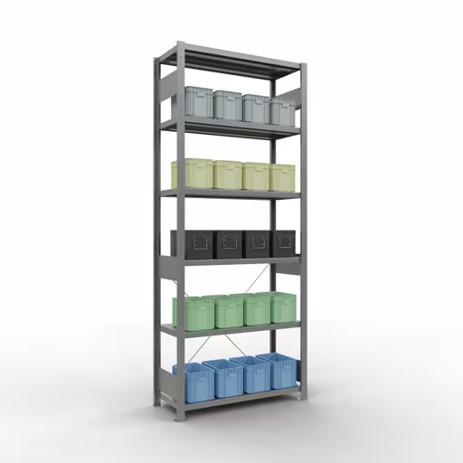 Grundregal, Fachbodenregal Stecksystem MULTIplus250, 2500 x 1000 x 400 mm (HxBxT), 6 Fachböden, Kreuzstrebe, verzinkt aus der Kategorie Grundregal mit der GTIN 4004514202888 Grundregal, Fachbodenregal Stecksystem MULTIplus250, 2500 x 1000 x 400 mm (HxBxT), 6 Fachböden, Kreuzstrebe, verzinkt von der Marke Schulte Lagertechnik aus der Produktreihe Stecksystem