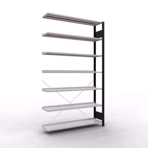 Anbauregal, Büro-Fachbodenregal Stecksystem MULTIplus85, 2300 x 1300 x 300 mm (HxBxT), 7 Fachböden, Kreuzstrebe, mit Anschlagleiste, schwarz/lichtgrau aus der Kategorie Stecksystem mit der Artikelnummer 36017-S
